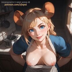 ai_generated apron apron_only blonde_female blonde_hair blue_eyes chef confident cooking fair_skin flashing flashing_breasts hands_on_hips high_angle kitchen light-skinned_female looking_at_viewer medium_breasts mouse_ears mouse_girl mouse_humanoid muscular muscular_female natural_breasts nipples nipples_outside nipples_showing pale-skinned_female pale_skin shani_wilwhip slim_waist smile smiling smirk smirking strong_woman zfapai