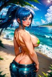 1girls ai_generated babe beach beautiful belt bikini_top blue_eyes blue_hair blue_ponytail busty clouds curvy_figure cute exotic female fighting_game green_bikini island jeans king_of_fighters large_breasts leona_heidern looking_back_at_viewer micro_bikini ponytail red_lipstick sand sea sexy side_boob smiling stable_diffusion sunlight toongenai tropical video_game_character video_game_franchise video_games voluptuous voluptuous_female waifu_diffusion waves