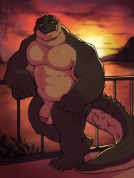 2024 3:4 abs alligator alligatorid anthro arm_support ass balls biceps crocodilian deltoids feet flaccid genitals hi_res khangakhai leaning_on_elbow looking_at_viewer male manly mature_male muscular nude outside pecs penis reptile scalie solo standing sunset triceps