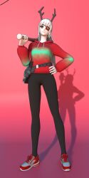 antlers bat black_pantyhose eyepatch fortnite hoodie long_hair long_sleeves not_porn pantyhose red_eyes red_hoodie reina_(fortnite) shoes tagme white_hair