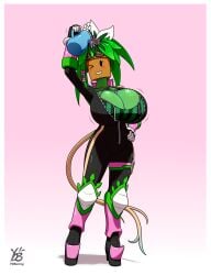 blaster_master_zero_2 bodysuit breast_enlargement breast_expansion breast_growth breast_growth_(enlargement) breasts_bigger_than_head breasts_getting_bigger green_skin hand_on_hip kanna_(blaster_master) large_breasts non-human pitcher plant_girl plant_hair plant_humanoid plantie pouring pouring_liquid pouring_on_self ripping_clothing solo solo_female unzipped_bodysuit voluptuous_female wardrobe_malfunction watermelon_bra watermelon_nets wet ydbunny