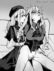 2girls ascot bang_dream! bang_dream!_it's_mygo!!!!! beret blush bottomless breasts brooch capelet chinese_commentary commentary_request corset crying crying_with_eyes_open female_pubic_hair futa_with_female futanari grabbing_another's_hair greyscale hat highres jewelry long_hair long_sleeves medium_breasts monochrome mortis_(bang_dream!) multiple_girls oblivionis_(bang_dream!) open_mouth pubic_hair pussy sex shirt sidelocks straddling tears togawa_sakiko twitter_username wakaba_mutsumi yukikuma_(yukikuma_018)