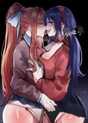 2girls ass big_breasts black_panties blue_eyes blue_hair blushing breasts cleavage clothed clothing doki_doki_literature_club ear female female_focus female_only grabbing_breasts green_eyes kissing kurenaiz1 lesbian_sex light-skinned_female long_hair looking_at_viewer miside mita_(miside) monika_(doki_doki_literature_club) panties ponytail school_uniform schoolgirl skirt_lift tagme thick_thighs tongue_out white_panties yuri