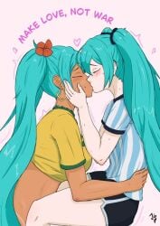 2025 2girls argentinian argentinian_miku artist_signature bead_choker beads black_shorts black_trim blue_hair blue_hair_female blush blush_lines blushing_female brazilian brazilian_female brazilian_flag brazilian_miku breast_size_difference closed_eyes clothed clothed_female duo_female duo_focus earrings english english_text females females_focus females_only flag flower flower_in_hair fluffy_hair gold_(metal) gold_earrings gold_jewelry green_trim hair_ornament hand_on_waist hands_on_face hatsune_miku heart heart_around_head hearts_around_head highres holding_face january_(month) jewelry kissing latin_american_hatsune_miku_(meme) lesbian_kiss long_hair long_hair_female necklace pale-skinned_female pale_skin pearl_necklace pink_heart red_flower selfcest shirt shorts striped_shirt tan tan-skinned_female tan_body tan_skin tan_skinned_female tanned tanned_skin triangle_earrings twitter_link vocaloid white_background white_trim yellow_shirt yuri