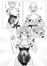 2024 absurd_res adjusting_swimsuit anthro balls_outline biped blush border breasts bulge canid canine clothed clothed_anthro clothed_gynomorph clothing comic countershade_arms countershade_face countershade_hands countershade_neck countershade_torso countershading detailed_bulge erection erection_under_clothing front_view futanari gender_transformation genital_outline gynomorph gynomorph_anthro heart_symbol hi_res human human_to_anthro intersex intersex_anthro jjboywuxia2008 looking_down_at_self male mammal monochrome mtf_transformation mtg_transformation mti_transformation navel one-piece_swimsuit open_mouth open_smile penis_outline raccoon_dog right_to_left screentone side_view smile solo species_transformation standing stripes swimwear tanuki transformation white_border