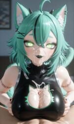 3d ai_generated big_breasts cat_ears cat_tail catgirl chronoai cleavage cum cum_on_breasts cum_on_face glowing_eyes green_eyes green_fur green_hair large_breasts momomischief paizuri titjob titjob uncensored vtuber