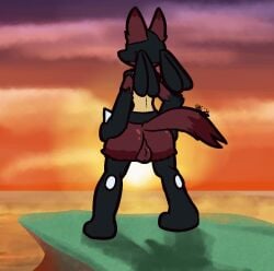 2024 2025 anthro ass backsack balls black_body black_fur canid canine detailed_background dipstick_tail fur generation_4_pokemon genitals hand_spike hands_on_hips lucario male mammal markings nintendo nude outside perineum pokemon pokemon_(species) rear_view red_balls red_body red_fur red_perineum solo spikes spikes_(anatomy) sunset tail tail_markings ultilix yellow_body yellow_fur