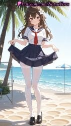 1girls ai_generated alternate_costume anime anime_style asian bangs beach beach_umbrella black_footwear black_sailor_collar black_skirt blue_sailor_collar blue_skirt blue_sky blush breasts brown_eyes brown_hair bust busty closed_mouth clothes_lift copyright_notice day female female_focus female_only flower flower-shaped_pupils full_body hair_between_eyes hair_flower hair_ornament heart heart-shaped_pupils hentai high-waist_skirt legs legwear lifted_by_self loafers long_hair looking_at_viewer medium_breasts miniskirt nail_polish natsuyoru neckerchief necktie ocean original original_character outdoors palm_tree pantyhose pleated_skirt red_neckerchief red_necktie sailor_collar sailor_uniform school_uniform see-through serafuku shirt shirt_tucked_in shoes short_sleeves skirt skirt_hold skirt_lift sky smile solo solo_female standing sunlight symbol-shaped_pupils thighband_pantyhose tree umbrella voluptuous voluptuous_female water white_flower white_legwear white_pantyhose white_shirt