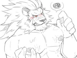 abs blush cum cum_on_chest digimon feline gegegenomin leomon lion male male_only mammal muscular nude pecs simple_background solo white_background