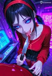 1eyedemperor 2d 2d_(artwork) ahe_gao ai_assisted ai_generated bimbo black_mascara blood blood_on_face bloody_knife blue_eyes blue_hair blue_skirt crazy_eyes crazy_face crazy_mita_(miside) cyberpunk dangerous female hand_on_hip horny ita_(miside) kitchen knife knife_play knife_with_blood long_hair looking_at_viewer medium_breasts milf miside mita_(miside) neon_lights oneyedemperor puffy_lips red_eyes red_lipstick red_stockings red_topwear small_boobs small_breasts small_underwear thick_thighs tongue_out underwear vampire_fangs view_from_above wide_hips