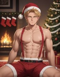 1boy ai_generated belt boku_no_hero_academia bsky_link christmas christmas_clothing christmas_decorations christmas_hat christmas_outfit christmas_present christmas_tree dvxxxgrai facial_hair fireplace gay hawks_(my_hero_academia) keigo_takami male male_only mature_male my_hero_academia pixai pony_diffusion_xl red_shorts santa_hat seated shorts solo solo_male stubble suspenders tagme takami_keigo toned toned_body toned_male topless topless_male twitter_link yaoi yellow_eyes yellow_hair