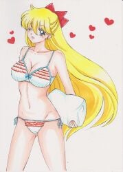 1girls alluring bikini bishoujo_senshi_sailor_moon blonde_hair blue_eyes earrings female female_focus hair_ribbon heart jewelry large_breasts long_hair marker_(medium) minako_aino one_eye_closed panties pillow rascal_(n119) ribbon side-tie_panties simple_background solo swimsuit traditional_media underwear very_long_hair