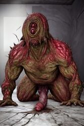 1other 2eyes ai_generated alien all_fours blood cracked_ground dirty exposed_flesh flesh horror_(theme) monster mud nude penis solo spiked_skin spikes torn_skin wrinkles