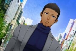 1boy ai_ni_arazu beard_stubble black_hair blue_clothing blue_eyes city city_background clothed dark_skin game_cg grey_jacket hi_res kazunori_sohma looking_at_viewer male male_only mature_male morning neutral_expression pecs scar scar_on_face scar_under_eye short_hair sideburns standing street suit takashi_akano_(fukusa) tough_guy turtleneck v-shaped_eyebrows