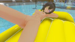 abs black_hair black_sclera boobs corrin_asumi heterochromia laying_on_back looking_at_viewer pool pool_float purple_eye purple_nails pussy smug_grin vrchat vrchat_model yellow_eye