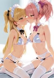 ai_generated blonde_hair blush cum_kiss cum_on_breasts green_eyes idolmaster idolmaster_cinderella_girls incest jougasaki_mika jougasaki_rika kissing lingerie on_knees pink_hair pussy_juice sisters sweat thighhighs yuri