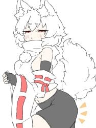 angry_face ass ass_focus blush cat_ears fumomono6500 gloves gym_shorts looking_at_viewer momiji_inubashiri red_eyes shorts tail thick_thighs touhou white_hair white_shirt