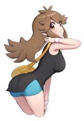 big_breasts black_dress breasts brown_hair busty dress gloves gonzarez green_(pokemon) huge_breasts large_breasts looking_at_viewer looking_back pokemon pokemon_adventures smile thick_thighs wide_hips