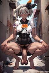 ai_generated barefoot bea_(pokemon) flaccid foreskin futanari grey_hair hairy hairy_balls muscular nipple_bulge pokemon saggy_balls squatting tan_skin toned_female uncut veiny_penis