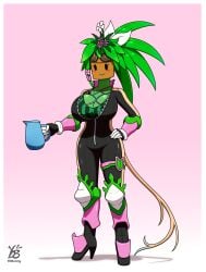 1girls blaster_master_zero_2 bodysuit breast_expansion breast_growth breast_growth_(enlargement) green_skin hand_on_hip kanna_(blaster_master) large_breasts leaf leaf_hair leaf_on_head melon mob_face non-human pitcher plant_girl plant_hair plant_humanoid plantie pot solo_female unzipped_bodysuit voluptuous_female watermelon_bra watermelon_nets ydbunny