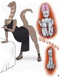 anthro bed black_clothing black_dress black_footwear black_shoes blush bottomless breasts brown_body brown_scales clothed clothing cobra dress duo female female/female footwear forked_tongue fur furniture genitals grey_body grey_fur hi_res internal ketsup larger_female larger_pred licking licking_lips long_ears mammal mouse murid murine oral_vore partially_clothed pussy raised_tail red_clothing red_dress red_eyes red_footwear red_shoes reptile rodent scales scalie shoes size_difference smaller_female snake solo tail tongue tongue_out vore