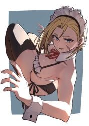 1girls ap_cammy black_legwear black_underwear blonde_hair blue_eyes cammy_white cammy_white_(street_fighter_6) facial_scar female legwear maid maid_headdress scar short_hair solo solo_female stockings street_fighter street_fighter_6 thighhighs underwear