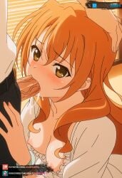 ai_generated blowjob blush brown_eyes brown_hair female golden_time grabbing_head juanpiamvs kaga_kouko long_hair medium_breasts patreon patreon_username subscribestar subscribestar_username sucking_penis watermark