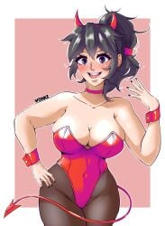 2d 2d_(artwork) big_breasts black_hair black_nails breast_squish breasts bunny_girl bunnysuit color colored devil devil_girl devil_horns devil_tail female full_color fully_clothed grey_hair horns huge_breasts lucia_(scott_malin) pantyhose vokkiatnight