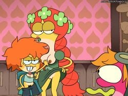 1boy 2girls adullperson amphibia amphibia_(finale) amphibia_(series) amphibian anthro anthro_focus anthro_only blush boobs breasts cleavage clothed clothing disney disney_channel felicia_sundew female flower flower_in_hair goggles goggles_on_head hair ivy_sundew lipstick male mother mother_and_daughter nipples pussy sprig_plantar tits tongue tongue_out vagina