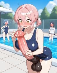 ai_generated big_balls big_breasts blush cum embarrassed erect_penis erection futanari grabbing_penis holding_penis horsecock horsecock_futanari huge_cock people_watching pink_hair pool precum sudden_erection swimsuit zynai