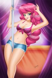 bikini breasts cleavage cogbrony female_only friendship_is_magic halter_top humanized jean_shorts my_little_pony pinkie_pie_(mlp) pole pole_dancing solo straight_hair stripper_pole