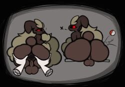 absurd_res anthro anus arm_tuft ass backsack balls big_butt disembodied_hand duo femboy generation_4_pokemon genitals hi_res looking_back lopunny male male_lopunny nintendo pokeball pokemon pokemon_(species) red_eyes scut_tail short_tail spread_butt spreading tail thfooxxir tuft wrist_tuft