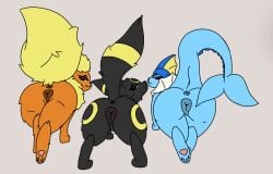 animal_genitalia animal_pussy anus ass black_body black_fur blue_body canid canine canine_genitalia canine_pussy digital_media_(artwork) eeveelution errsoe_(artist) female feral flareon fur generation_1_pokemon generation_2_pokemon genitals group hi_res looking_at_viewer looking_back mammal nintendo orange_body pawpads pokemon pokemon_(species) presenting pussy smile tail trio umbreon vaporeon