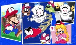 1girls blonde_hair breasts breasts brown_hair cappy_(mario) cheep_cheep eyes female fish frog funnyhoohooman groping human male mario mario_(series) moustache moustache pink_dress princess princess_peach super_mario_odyssey tagme