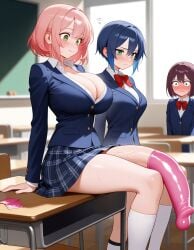 2girls ai_generated big_breasts blue_hair blush bursting_breasts classroom condom_on_penis embarrassed flaccid futanari green_eyes huge_cock long_penis penis_awe petite pink_hair school_uniform schoolgirl short_hair sitting size_difference skirt small_breasts staring_at_penis thick_thighs veiny_penis zynai