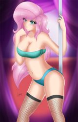 bikini breasts cleavage cogbrony female_only fishnet_stockings fluttershy friendship_is_magic humanized my_little_pony pole pole_dancing solo stripper_pole