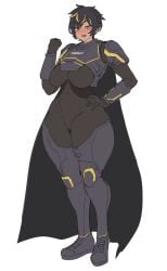 1girls abs amber_eyes armor big_breasts black_hair blush blushing_at_viewer bodysuit boots bracers cape clothing_request combat_boots cuisse cuisses curvy_figure female female_only gorget grey_armor gya_rb hand_on_hip hand_on_waist helldiver_(helldivers) helldivers huge_hips huge_thighs light-skinned_female looking_at_viewer open_mouth orange_eyes pauldrons rokmc_chan salute short_hair solo standing thick_thighs thighhighs two-tone_hair two-tone_skin two_tone_hair two_tone_skin unconvincing_armor vambraces yellow_hair yellow_highlights