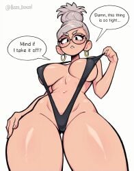 1girls alternate_version_available ayase_seiko big_ass big_breasts big_thighs bozo_danzel dandadan dialogue g-string gilf glasses grandmother light-skinned_female light_skin mature mature_female navel one-piece_swimsuit swimsuit tagme thick_thighs thin_waist white_hair wide_hips