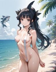 ai_generated artemis_of_the_blue atelier_live beach black_hair blue_tongue indie_virtual_youtuber ponytail shark_girl sling_bikini slingshot_swimsuit swimsuit virtual_youtuber vtuber