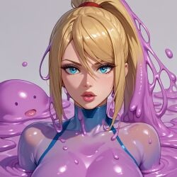 ai_generated ditto ditto_(pokémon) ditto_copied_person female girl naked naked_female samus_aran sexy_body slime_girl transformation