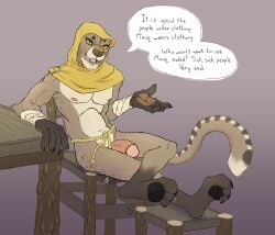 absurd_res anthro arm_on_table arm_tuft bethesda_game_studios birbdrain brown_body chair cheek_tuft chin_tuft circumcised claws cloak clothing crossed_legs dialogue digital_drawing_(artwork) digital_media_(artwork) elbow_tuft english_text facial_tuft feet felid feline furniture genitals hi_res hindpaw hood khajiit m'aiq_the_liar male male_only mammal markings microsoft mostly_nude nipples oblivion on_chair open_mouth paws pecs penis pupils simple_background sitting sitting_on_chair skyrim slit_pupils solo solo_male speech_bubble striped_markings striped_tail stripes tail tail_markings text the_elder_scrolls tuft vein veiny_penis wraps yellow_eyes