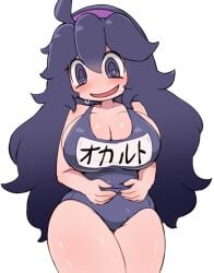 1girls big_breasts blush breasts cleavage headband hex_maniac hourglass_figure long_hair makino_nono one-piece_swimsuit purple_eyes purple_hair school_swimsuit solo sukumizu swimsuit thick_thighs thighs white_background