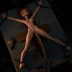 3d animated animated_gif blender_(software) blood_stain blood_stains bondage buzzsaw chained chained_to_table chains completely_nude completely_nude_female dungeon female firearm gag gagged gun handgun human imminent_death imminent_execution impending_doom krakendagger lying lying_down lying_on_back nude orange_hair original pale_skin peril pistol police_badge ponytail red_hair restrained restrained_legs restrained_wrists revolver saw sawmill scared spread_eagle spread_legs strapped_down struggling tape_gag weapon