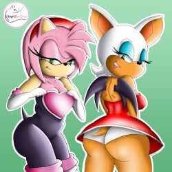 2girls amy_rose amy_rose_(cosplay) bodysuit brighteyedbeast curvy furry_female neckline panties presenting_ass presenting_breasts rouge_the_bat rouge_the_bat_(cosplay) spandex_suit