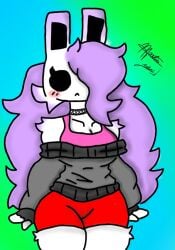 artist_request artist_signature black_eyes blush colored cube_459_(geometry_dash) cute femgram fingerless_gloves fur geometry_dash hair_over_one_eye hourglass_figure large_breasts lilac_hair long_hair slight_blush sweater white_fur wide_hips