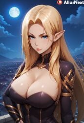 1girls ai_generated aliusnext alpha_(the_eminence_in_shadow) blonde_female blonde_hair blue_eyes bodysuit breasts elf elf_ears elf_female elf_girl female high_quality high_resolution highres huge_breasts night patreon pointy_ears the_eminence_in_shadow