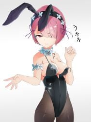 alternate_breast_size bare_arms bare_shoulders belly_button_visible_through_clothing big_breasts black_leotard blush breasts bunny_ears bunnysuit cleavage closed_mouth detached_collar hair_ornament hair_over_one_eye leotard pantyhose pink_eyes pink_hair ram_(re:zero) re:zero_kara_hajimeru_isekai_seikatsu shiny_skin short_hair sideboob thighs vimi