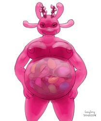 2016 anthro belly big_belly breasts cerise feral floraverse gelbeast grin internal longlevy nintendo nipples nude pokemon pokemon_(species) reptile scalie shaded simple_background smile snake snivy toony unbirthing video_games vore white_background