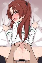 1boy ame_(amechan17391739) anus ass bed bed_sheet blush bottomless brown_eyes clothed_sex doggy_style female girls_und_panzer kadotani_anzu long_hair lying no_panties on_bed on_stomach pov red_hair sex simple_background spread_legs steam steaming_body straight sweat torso_grab twintails