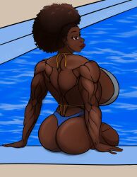 african afro ass back_muscles back_view big_lips breasts buff_female dakota_(tomkat96) deltoids forearms muscular muscular_arms muscular_female poolside quads swimming_pool tomkat96 triceps